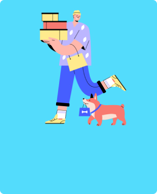 IIlustração de uma pessoa segurando embalagens de compra e caminhando ao lado de um cachorro.